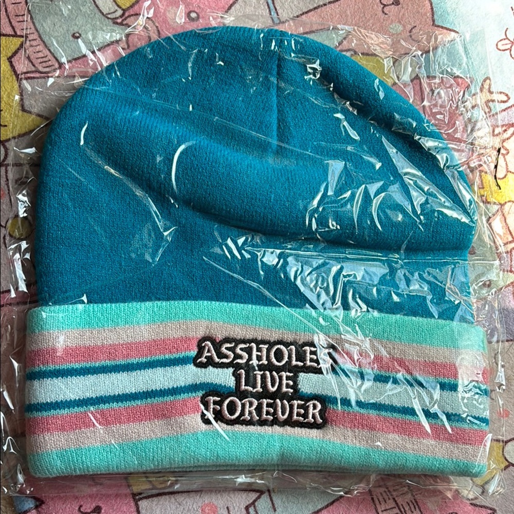 Assholes live forever new in package teal striped beanie skull cap